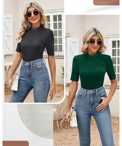 2 Pack Women's Business Casual Tops, Mock Neck Shirts Half Short Sleeve Turtleneck Tops Quarter Sleeve Dressy Blouses Green/D...