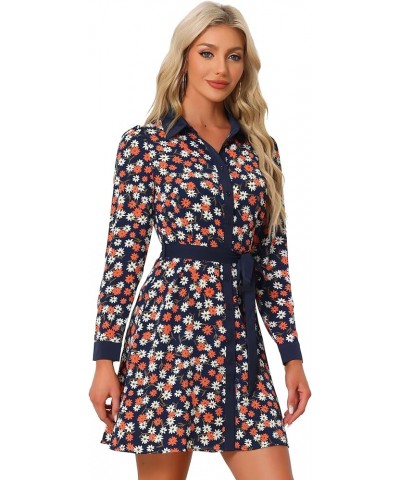 Women's Contrast Collar Button Front Vintage Long Sleeve Floral Shirt Dress Deep Blue $24.77 Blouses