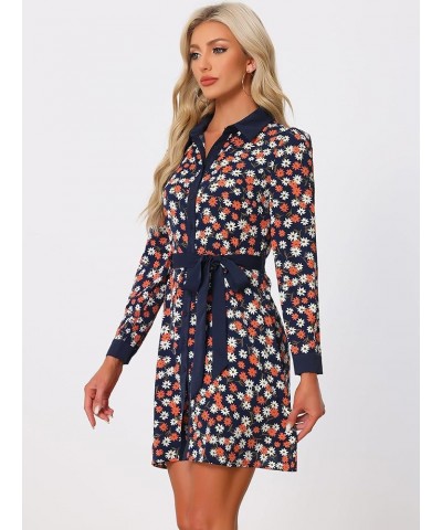 Women's Contrast Collar Button Front Vintage Long Sleeve Floral Shirt Dress Deep Blue $24.77 Blouses