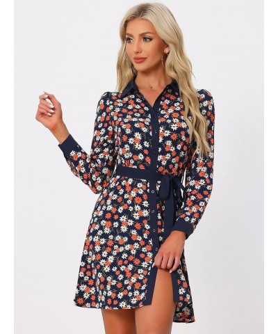 Women's Contrast Collar Button Front Vintage Long Sleeve Floral Shirt Dress Deep Blue $24.77 Blouses