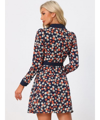 Women's Contrast Collar Button Front Vintage Long Sleeve Floral Shirt Dress Deep Blue $24.77 Blouses