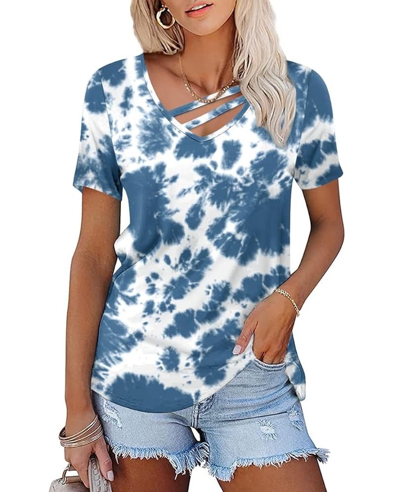 Women's Summer Casual T-Shirt Cross Cut V-Neck Tops Short Sleeve Tunic Loose Cold Shoulder Blouse Shirts 1-colorful-blue $11....