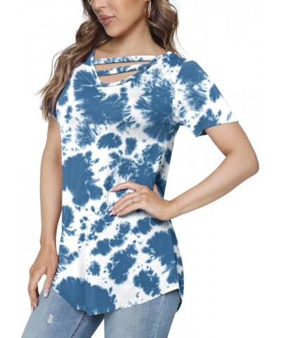 Women's Summer Casual T-Shirt Cross Cut V-Neck Tops Short Sleeve Tunic Loose Cold Shoulder Blouse Shirts 1-colorful-blue $11....