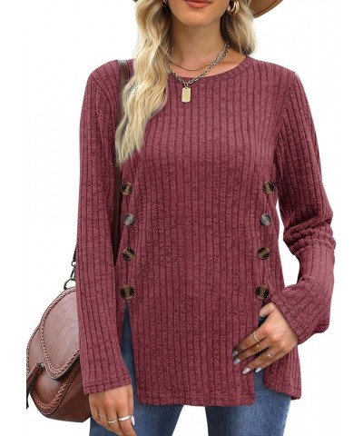 Women's Lightweight Tunic Sweaters Crewneck Long Sleeve Tops Buttons Side Shirts Casual Fall 05-red $10.25 Tops