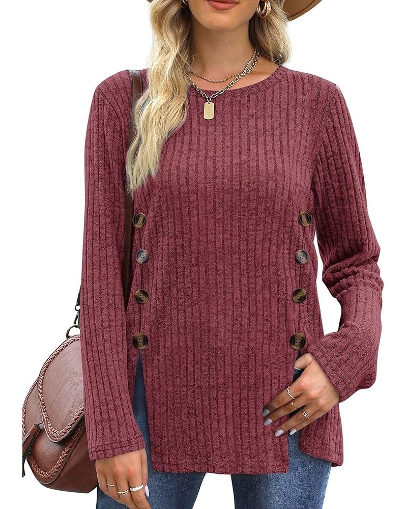 Women's Lightweight Tunic Sweaters Crewneck Long Sleeve Tops Buttons Side Shirts Casual Fall 05-red $10.25 Tops