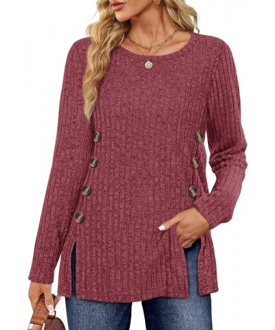 Women's Lightweight Tunic Sweaters Crewneck Long Sleeve Tops Buttons Side Shirts Casual Fall 05-red $10.25 Tops