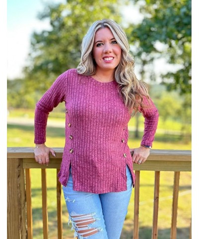 Women's Lightweight Tunic Sweaters Crewneck Long Sleeve Tops Buttons Side Shirts Casual Fall 05-red $10.25 Tops