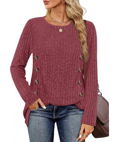 Women's Lightweight Tunic Sweaters Crewneck Long Sleeve Tops Buttons Side Shirts Casual Fall 05-red $10.25 Tops