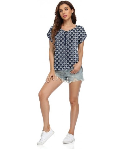 Women's Summer Casual Rolled Cuff Zip Half Placket Chiffon Short Sleeve Top Blouses Dark Blue Coconut $10.00 Blouses