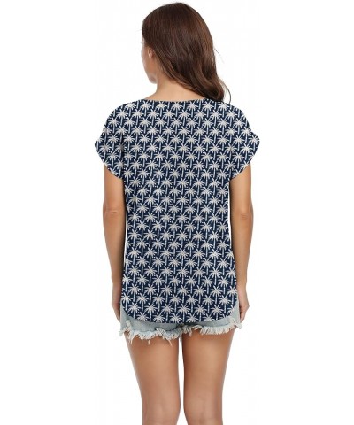 Women's Summer Casual Rolled Cuff Zip Half Placket Chiffon Short Sleeve Top Blouses Dark Blue Coconut $10.00 Blouses