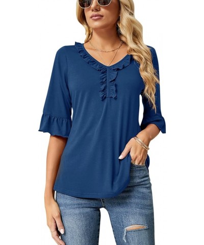 Women's Casual V Neck T Shirts Loose Summer 3/4 Bell Sleeve/Puff Long Sleeve Tops Ruffle Tunic Blouses Blue Half Sleeve Tops ...