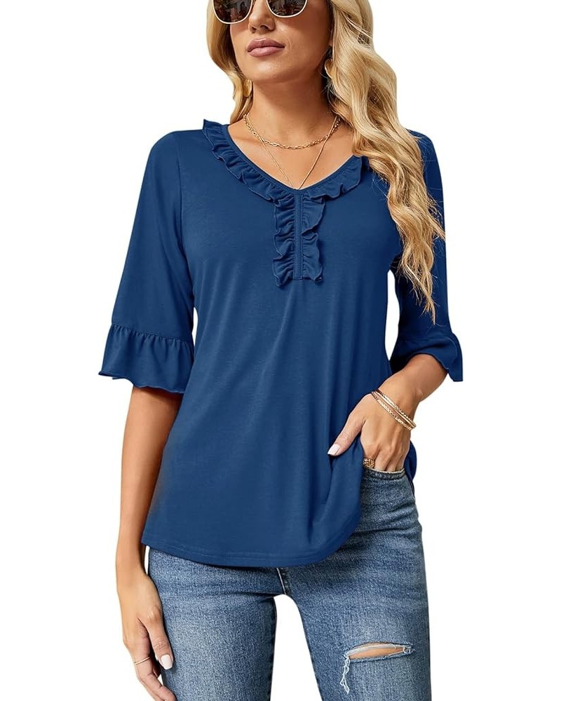 Women's Casual V Neck T Shirts Loose Summer 3/4 Bell Sleeve/Puff Long Sleeve Tops Ruffle Tunic Blouses Blue Half Sleeve Tops ...