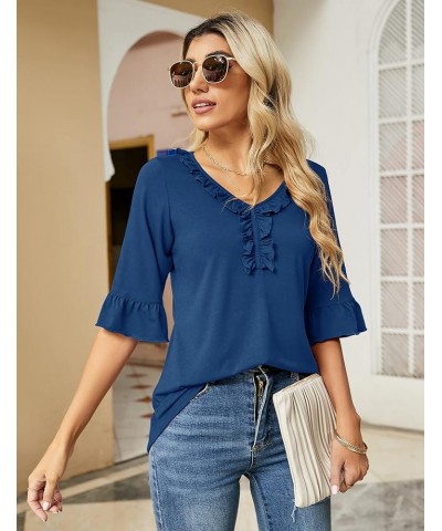 Women's Casual V Neck T Shirts Loose Summer 3/4 Bell Sleeve/Puff Long Sleeve Tops Ruffle Tunic Blouses Blue Half Sleeve Tops ...