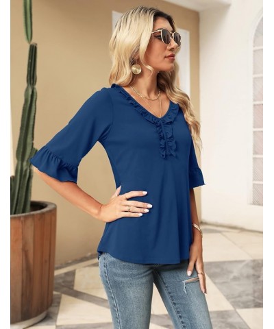 Women's Casual V Neck T Shirts Loose Summer 3/4 Bell Sleeve/Puff Long Sleeve Tops Ruffle Tunic Blouses Blue Half Sleeve Tops ...