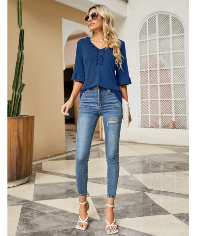 Women's Casual V Neck T Shirts Loose Summer 3/4 Bell Sleeve/Puff Long Sleeve Tops Ruffle Tunic Blouses Blue Half Sleeve Tops ...