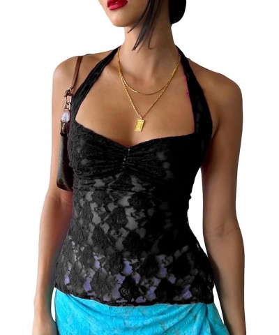 Women Y2K Sheer Mesh Camisole Lace Low Cut Ruched Tank Top See Through Slim Fit Crop Cami Sexy Going Out Top D-black Halter $...