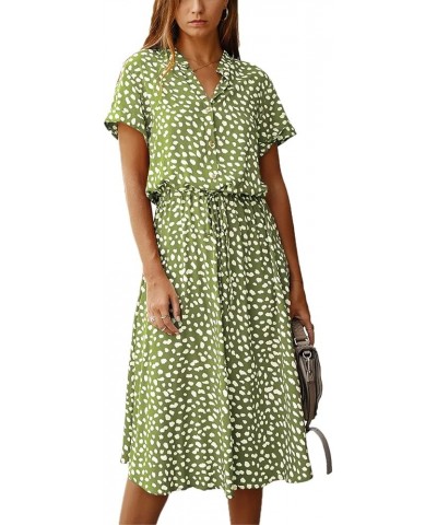 Women's Boho Polka Dot Button Down Elastic Waist Short Sleeve with Belt Loose Casual Midi Dress Green $16.80 Dresses