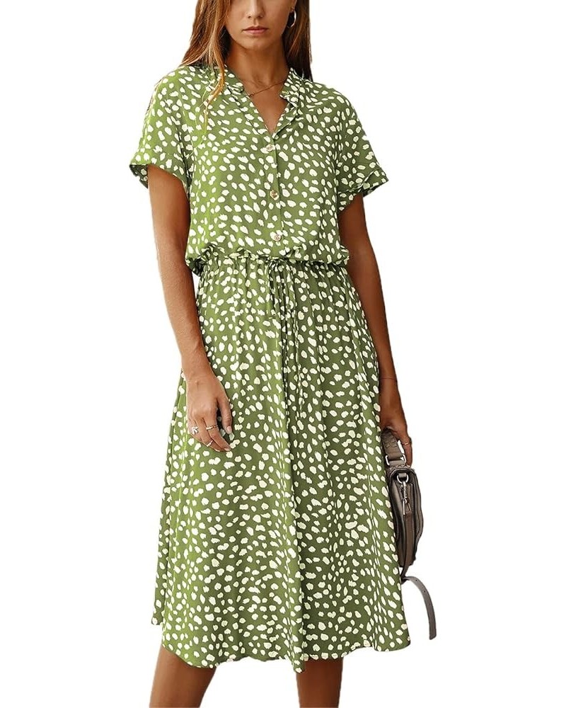 Women's Boho Polka Dot Button Down Elastic Waist Short Sleeve with Belt Loose Casual Midi Dress Green $16.80 Dresses