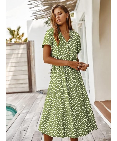 Women's Boho Polka Dot Button Down Elastic Waist Short Sleeve with Belt Loose Casual Midi Dress Green $16.80 Dresses