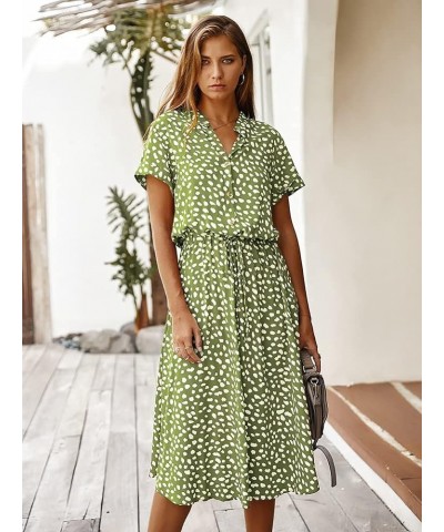 Women's Boho Polka Dot Button Down Elastic Waist Short Sleeve with Belt Loose Casual Midi Dress Green $16.80 Dresses