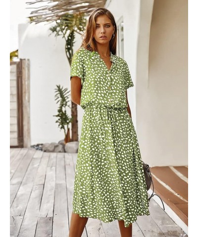 Women's Boho Polka Dot Button Down Elastic Waist Short Sleeve with Belt Loose Casual Midi Dress Green $16.80 Dresses