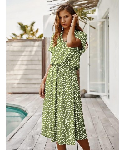 Women's Boho Polka Dot Button Down Elastic Waist Short Sleeve with Belt Loose Casual Midi Dress Green $16.80 Dresses