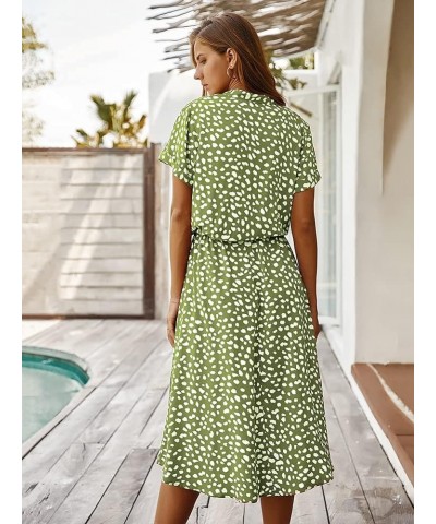 Women's Boho Polka Dot Button Down Elastic Waist Short Sleeve with Belt Loose Casual Midi Dress Green $16.80 Dresses