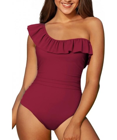 Womens One Piece Swimsuits One Shoulder Ruffle Bathing Suits Burgundy $16.19 Swimsuits