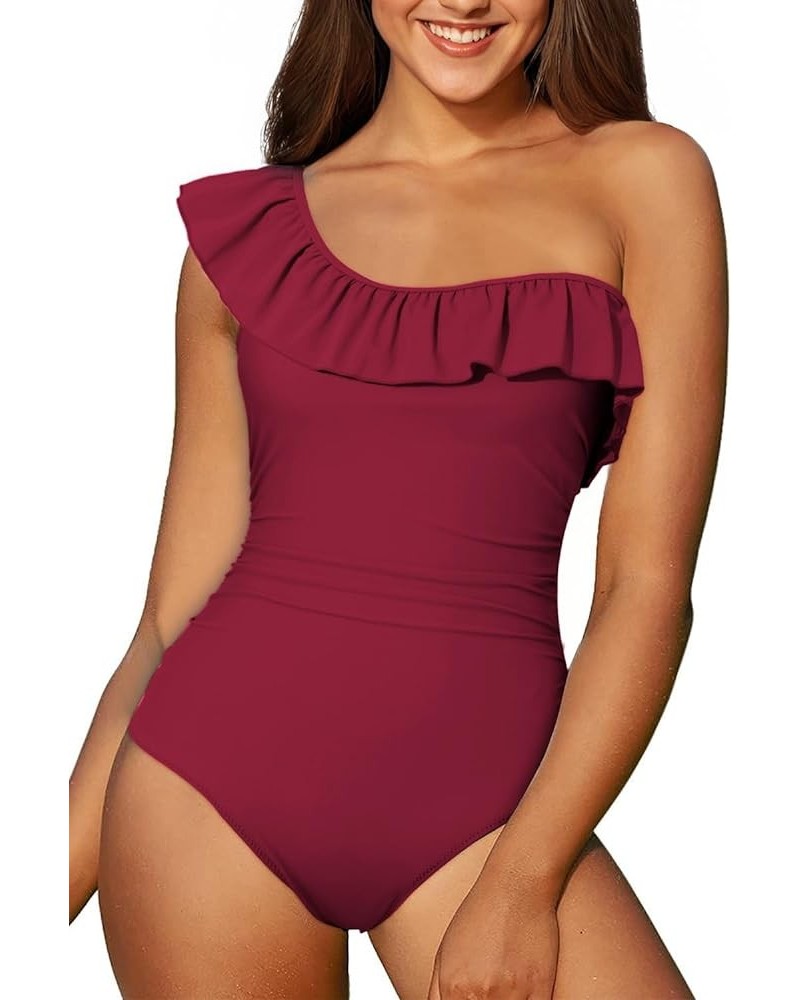 Womens One Piece Swimsuits One Shoulder Ruffle Bathing Suits Burgundy $16.19 Swimsuits