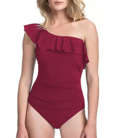 Womens One Piece Swimsuits One Shoulder Ruffle Bathing Suits Burgundy $16.19 Swimsuits