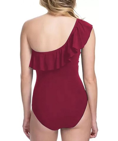 Womens One Piece Swimsuits One Shoulder Ruffle Bathing Suits Burgundy $16.19 Swimsuits