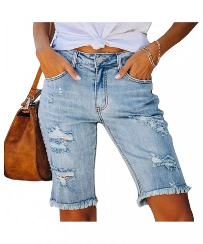 Womens Jean Shorts High Waisted Denim Bermuda Shorts Ripped Distressed Knee Length Stretch Denim Jean Short Light Blue-1 $13....