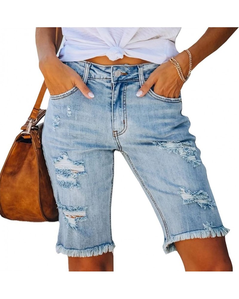 Womens Jean Shorts High Waisted Denim Bermuda Shorts Ripped Distressed Knee Length Stretch Denim Jean Short Light Blue-1 $13....