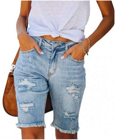 Womens Jean Shorts High Waisted Denim Bermuda Shorts Ripped Distressed Knee Length Stretch Denim Jean Short Light Blue-1 $13....