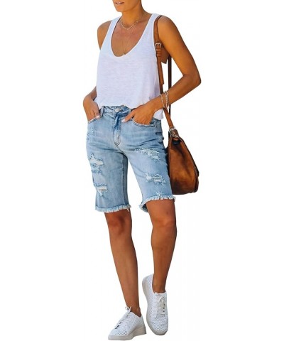 Womens Jean Shorts High Waisted Denim Bermuda Shorts Ripped Distressed Knee Length Stretch Denim Jean Short Light Blue-1 $13....