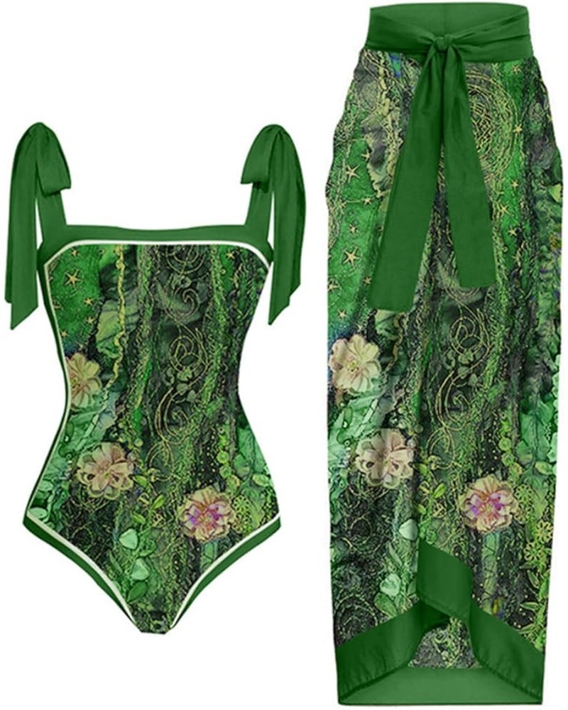 One Piece Swimsuit Women 1 Piece Swimwear+1 Piece Cover UP Two Piece Vintage Printed Swimsuit Monokini Swimsuits Green $4.93 ...