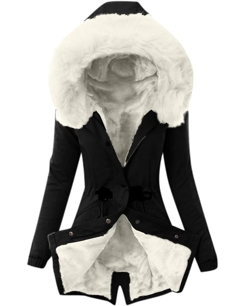 Plus Size Coat for Women Winter Fleece Jacket Warm Zipper Button Overcoat Solid Color Outerwear with Fur Hood Z-black $17.38 ...