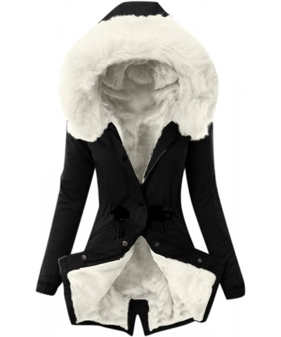 Plus Size Coat for Women Winter Fleece Jacket Warm Zipper Button Overcoat Solid Color Outerwear with Fur Hood Z-black $17.38 ...