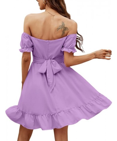 Women's Off Shoulder Puff Short Sleeve Ruffle High Waist Summer Mini Dress Light Purple $19.36 Dresses