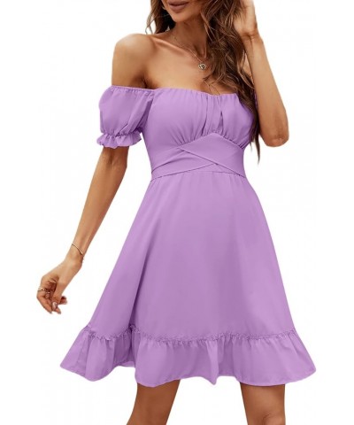 Women's Off Shoulder Puff Short Sleeve Ruffle High Waist Summer Mini Dress Light Purple $19.36 Dresses