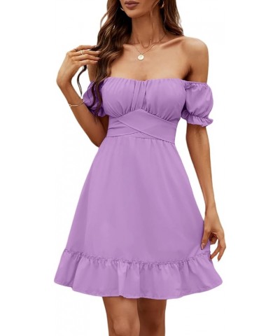 Women's Off Shoulder Puff Short Sleeve Ruffle High Waist Summer Mini Dress Light Purple $19.36 Dresses