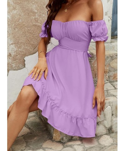 Women's Off Shoulder Puff Short Sleeve Ruffle High Waist Summer Mini Dress Light Purple $19.36 Dresses