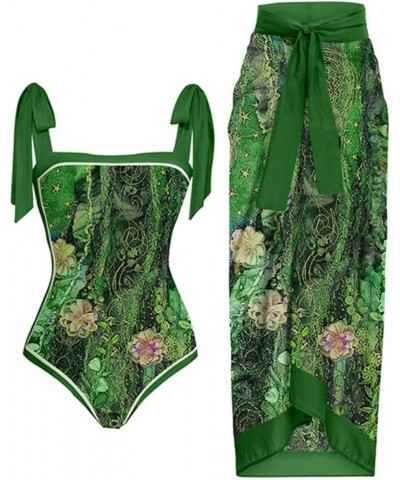 One Piece Swimsuit Women 1 Piece Swimwear+1 Piece Cover UP Two Piece Vintage Printed Swimsuit Monokini Swimsuits Green $4.93 ...