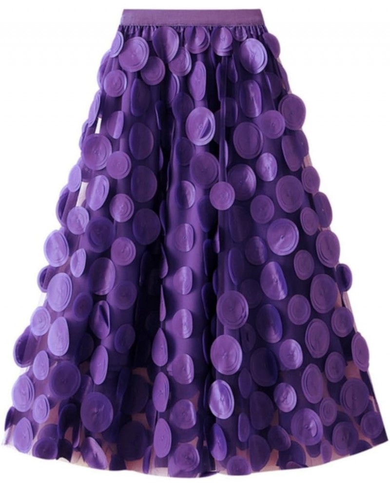 Tulle Skirt Women 3D Polka Dot Elastic Waist Mesh Flowy A-Line Layered Bubble Midi Skirts Wedding Halloween Party A1-purple $...