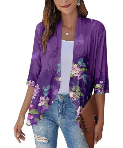 Cardigan for Women,2023 Summer Dressy Casual Open Front 3/4 Sleeve Tops Trendy Floral Ruffle Irregular Hem Shirts G-purple $7...