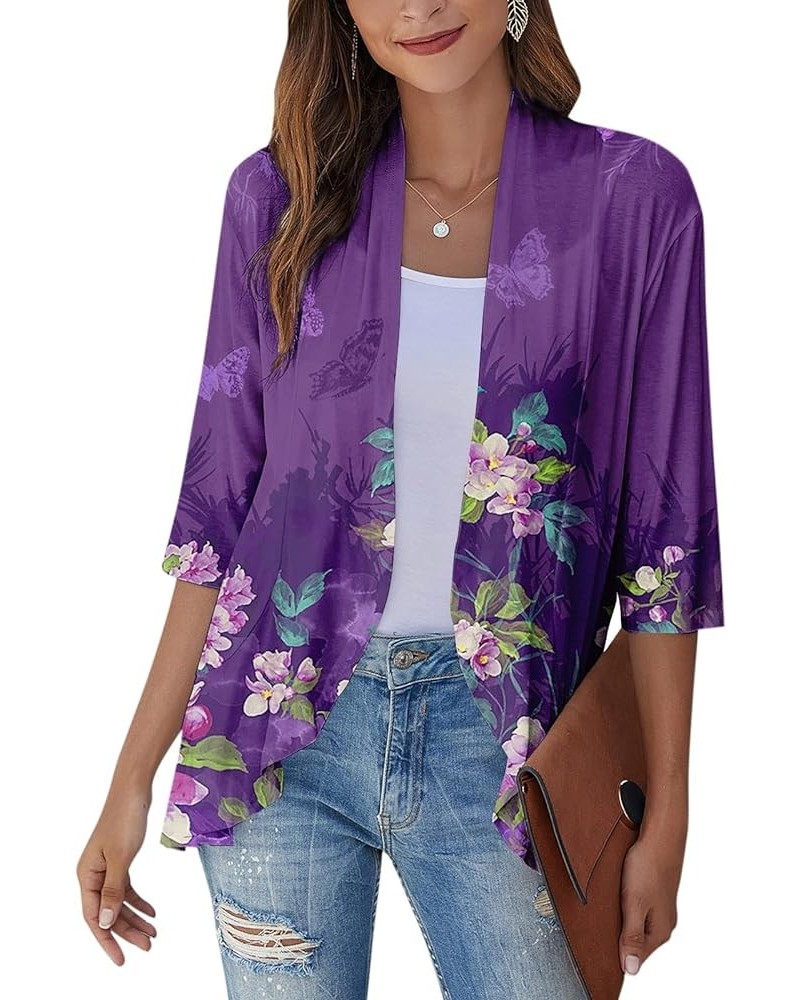 Cardigan for Women,2023 Summer Dressy Casual Open Front 3/4 Sleeve Tops Trendy Floral Ruffle Irregular Hem Shirts G-purple $7...