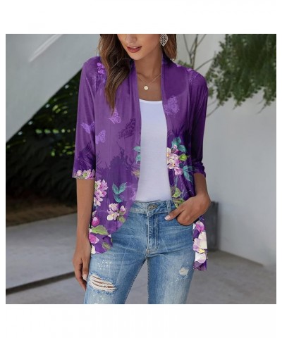 Cardigan for Women,2023 Summer Dressy Casual Open Front 3/4 Sleeve Tops Trendy Floral Ruffle Irregular Hem Shirts G-purple $7...