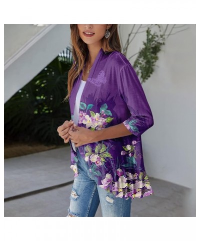 Cardigan for Women,2023 Summer Dressy Casual Open Front 3/4 Sleeve Tops Trendy Floral Ruffle Irregular Hem Shirts G-purple $7...