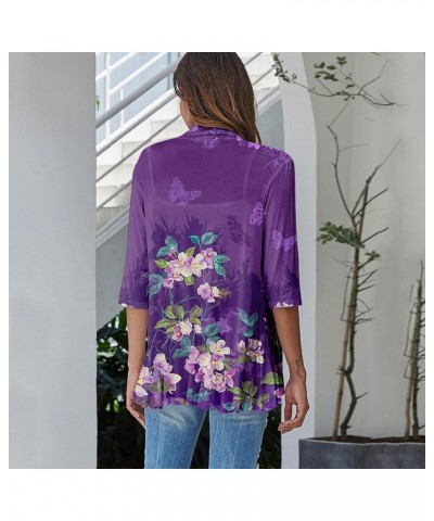 Cardigan for Women,2023 Summer Dressy Casual Open Front 3/4 Sleeve Tops Trendy Floral Ruffle Irregular Hem Shirts G-purple $7...