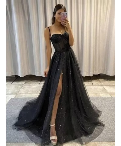 Women's Glitter Tulle Prom Dresses Long 2023 Spaghetti Straps Sweetheart Formal Evening Party Gowns with Slit White With 3d F...